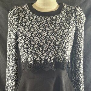 KPop Anime Black Floral Long Sleeve Embroidered Layered Korean Dress, Medium